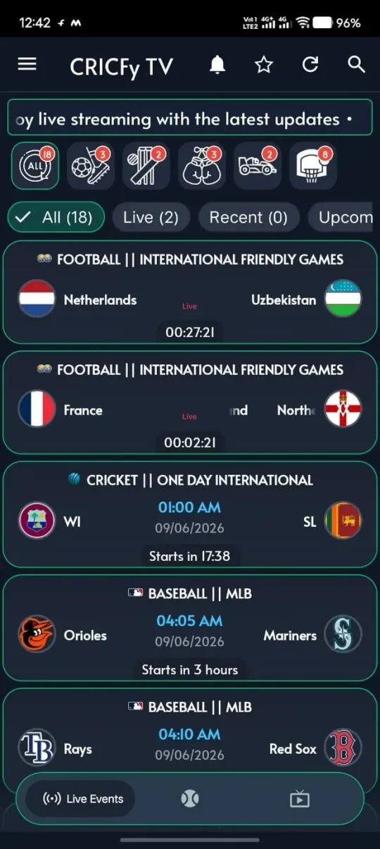 Cricfy TV live events home screen